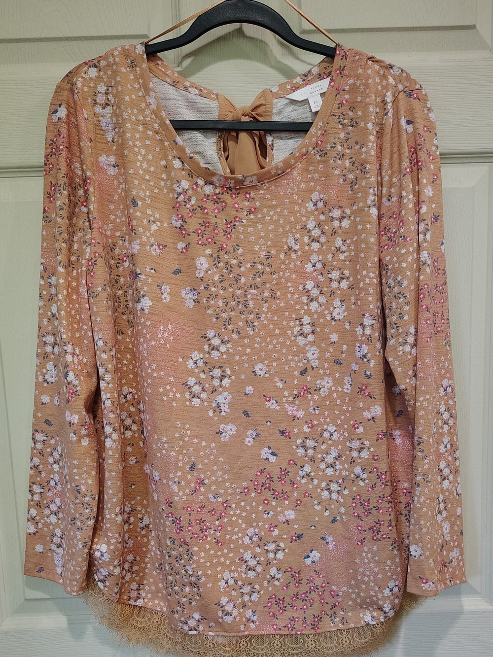 LC Lauren Conrad Tan Floral Long Sleeve Top with Pink & White Accents. XL